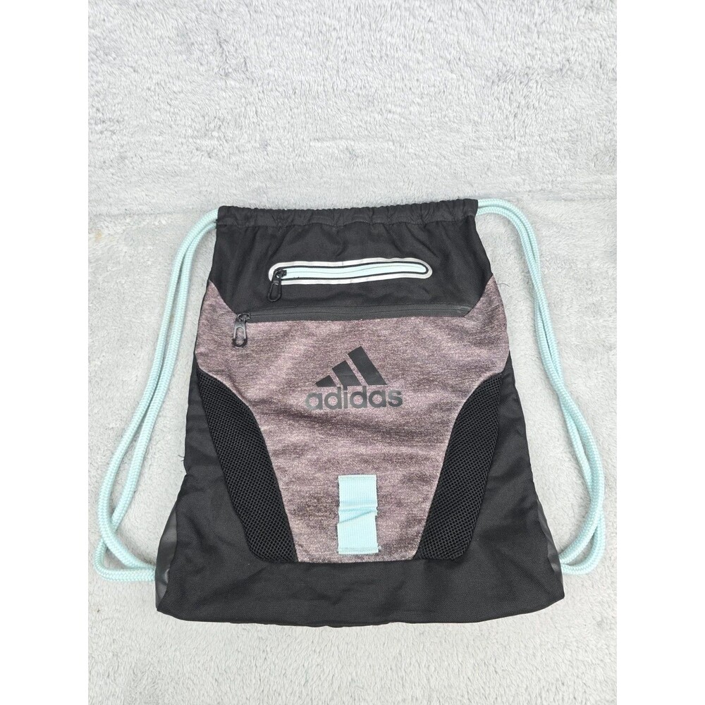 ​Adidas Black Drawstring Gym Bag Cinch Backpack Mint Blue Accents Gym Sports